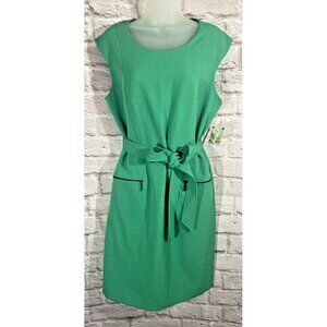 NEW Kasper Size 14 Dress Sleeveless Sheath Bright Jade Green Belted Pockets